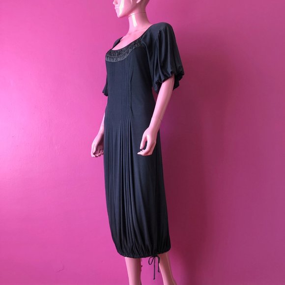 Max Azria 00s S Midi Dress Navy Blue Jersey Pin Tuck Woven Ribbon Drawstring Hem - Picture 13 of 13
